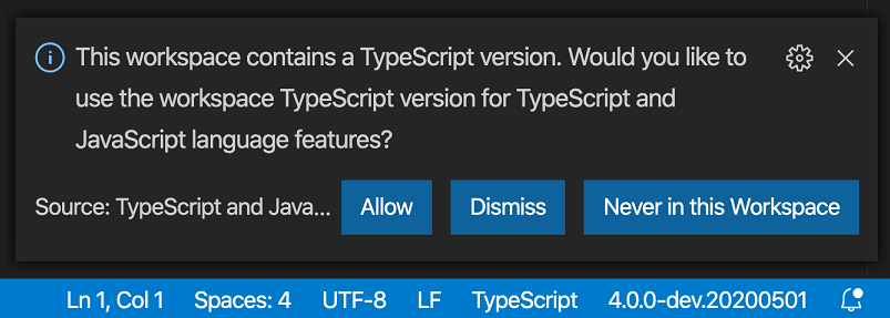 Prompt shown when opening a workspace with local TypeScript version