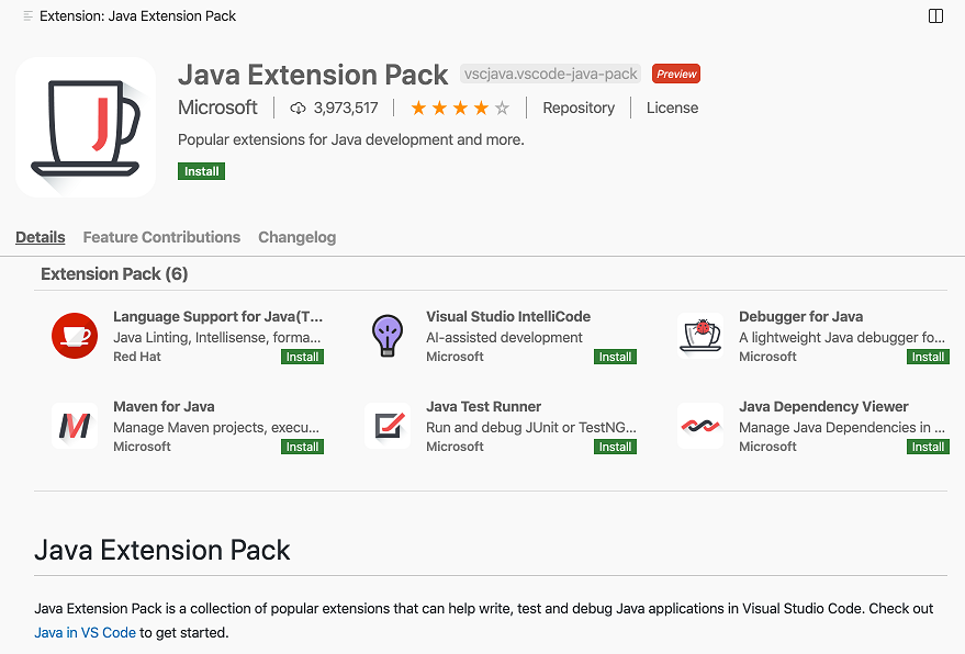 Extension Pack details page showing bundled extensions