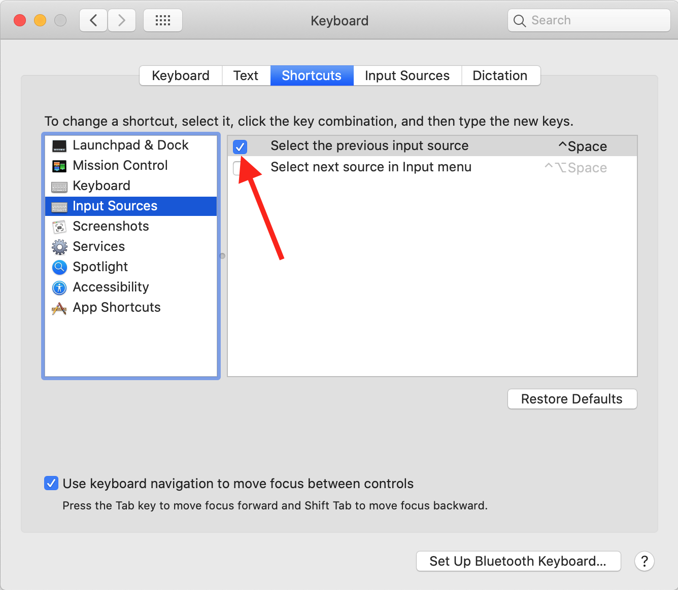 macOS Keyboard Shortcuts Input Sources option