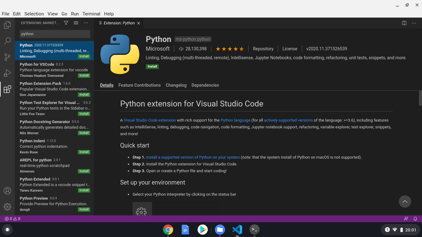 Installing the Python extension for VS Code