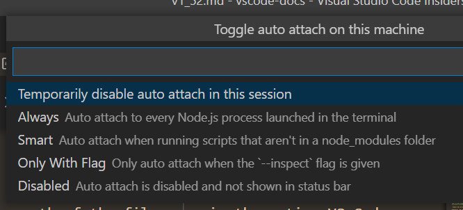 Showing the auto attach Quick Pick with an option that reads "Temporarily disable auto attach in this session"