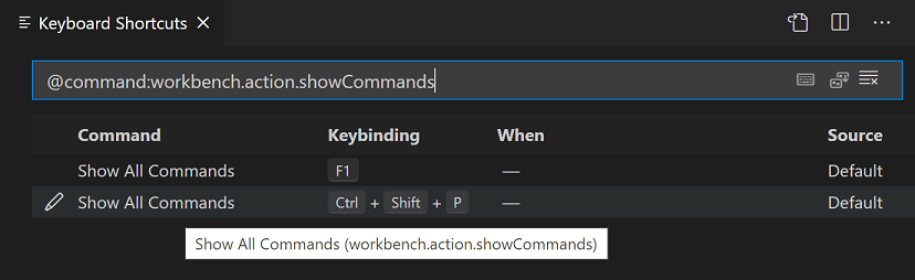 Keyboard Shortcut editor command ID filtering