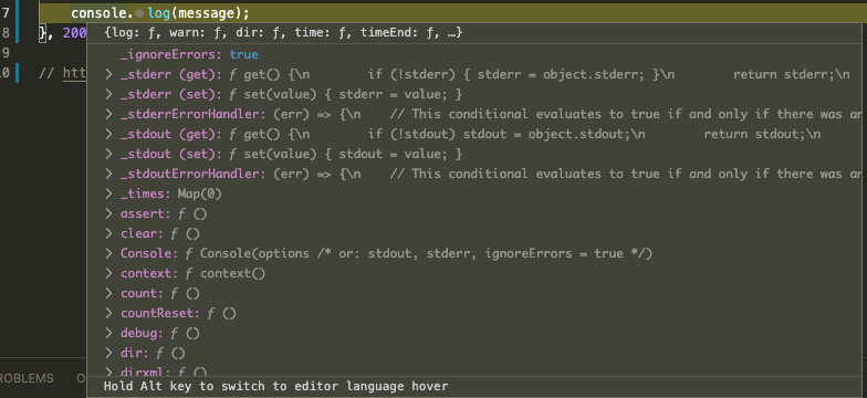 Debug hover showing the message "Hold Alt key to switch to editor language hover"