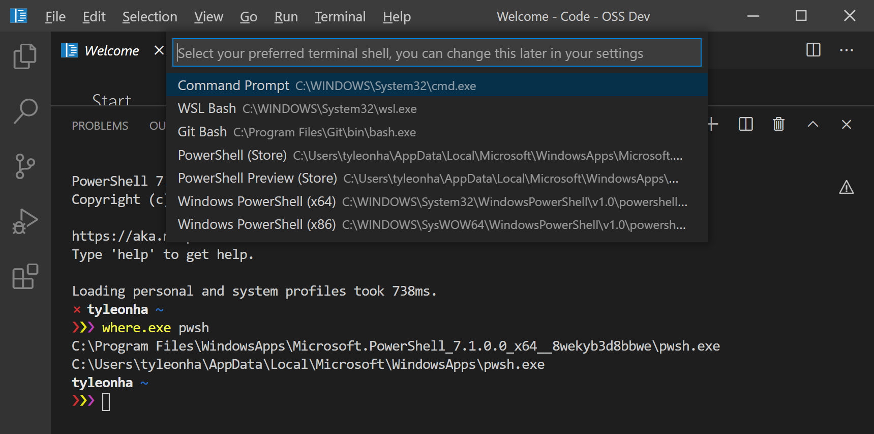 Select Default Shell showing possible PowerShell options