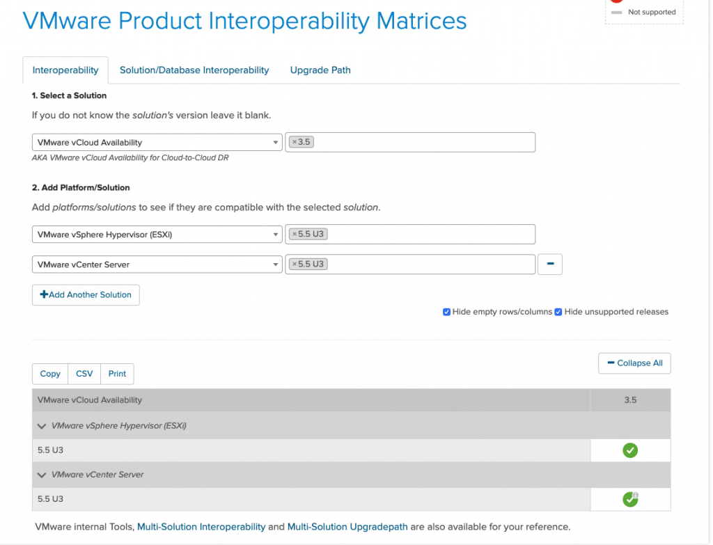 VMware Product Interoperability Matrices for vCloud Availability