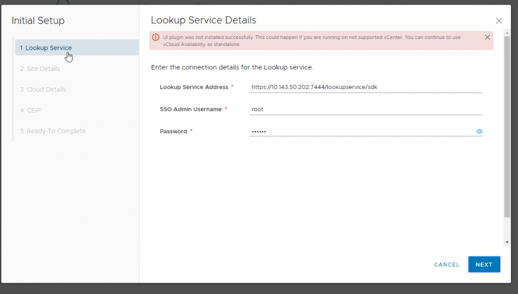 vCloud Availability initial setup lookup service details 