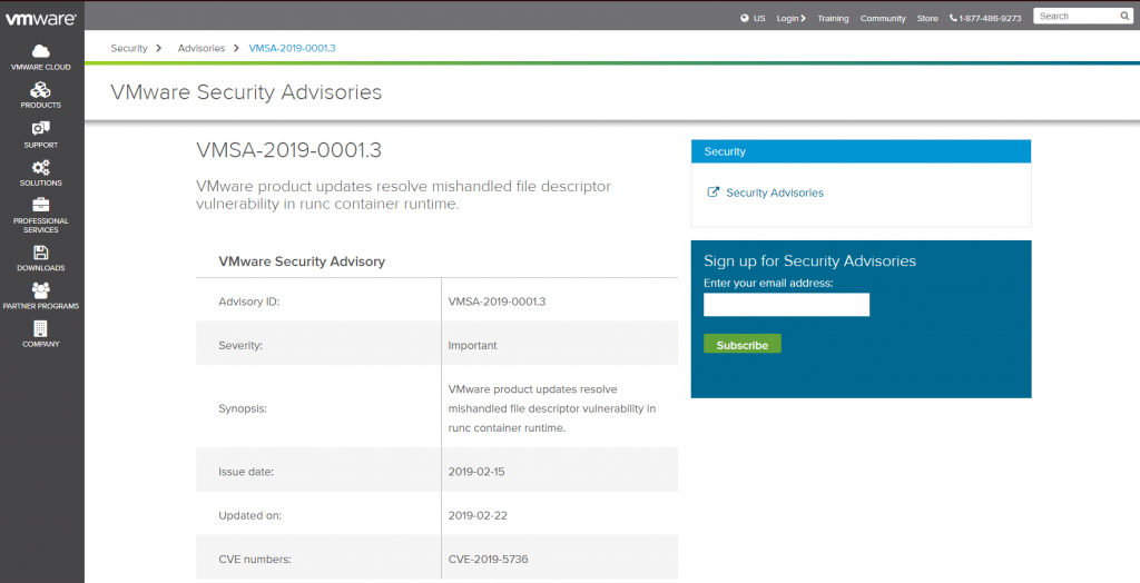VMware Security Advisory Container Service Extension