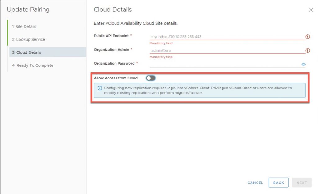 controlling vCloud Availability access from vCloud Director
