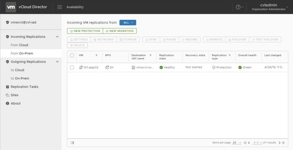 vCloud Director users can view existing replications and edit details