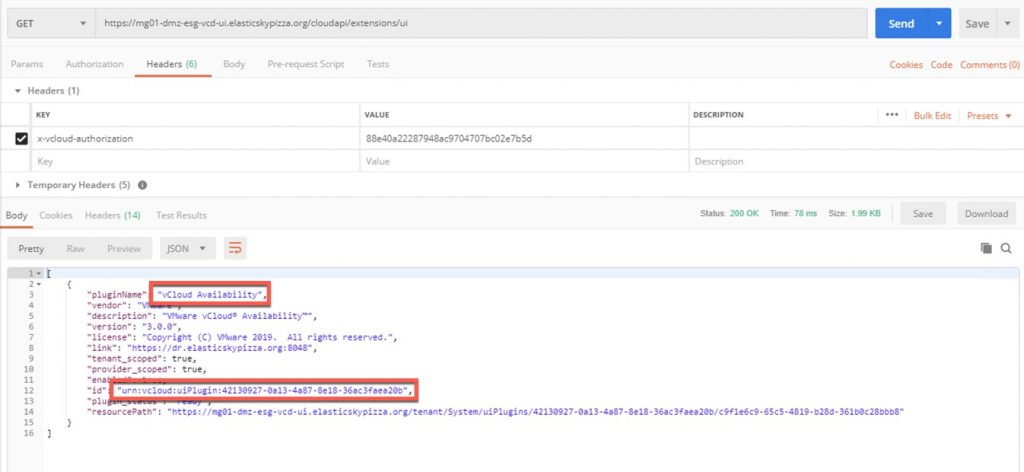 getting vcloud availability extension id for vcloud director in json