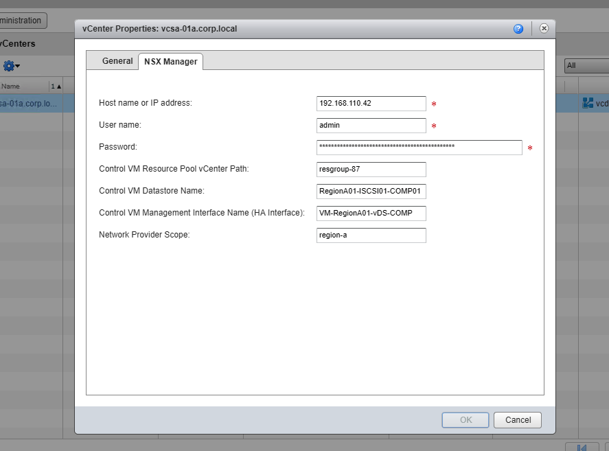 vCenters Properties NSX Manager