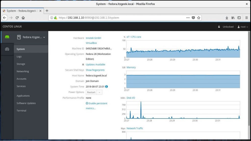 Install Cockpit on CentOS 7 - Detailed Overview of Remote Machine