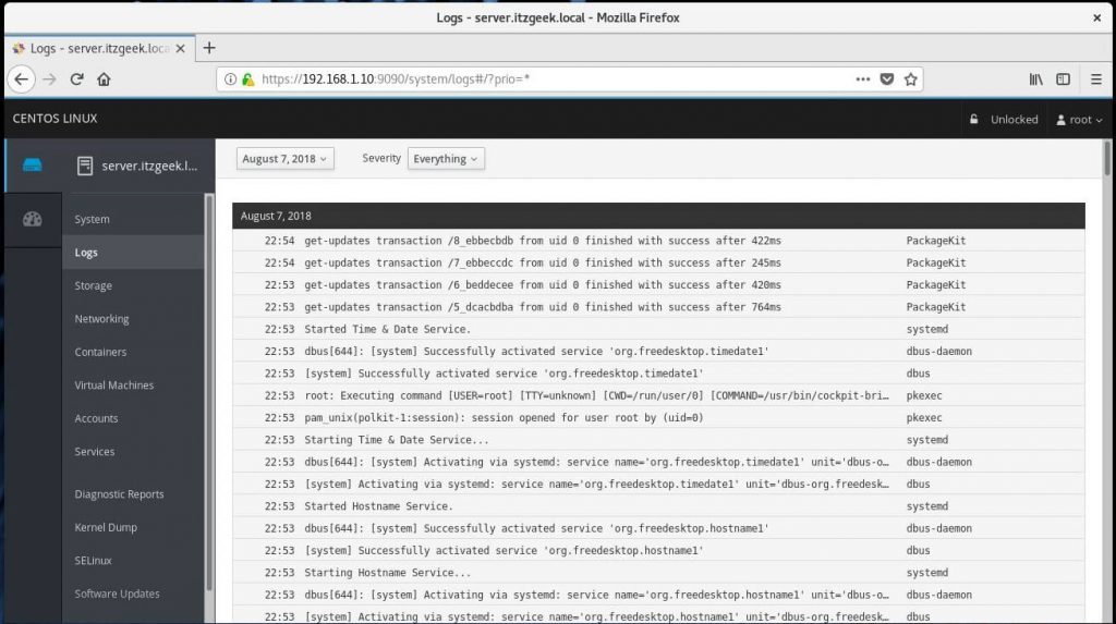 Install Cockpit on CentOS 7 - View System Logs with Cockpit