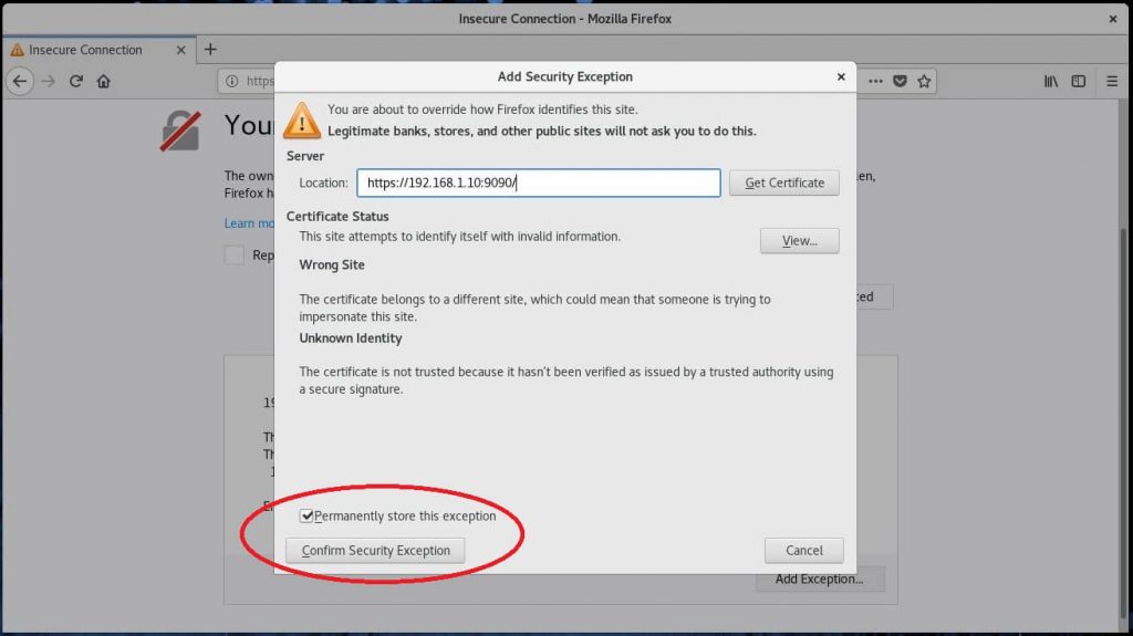Install Cockpit on CentOS 7 - Add SSL Exception