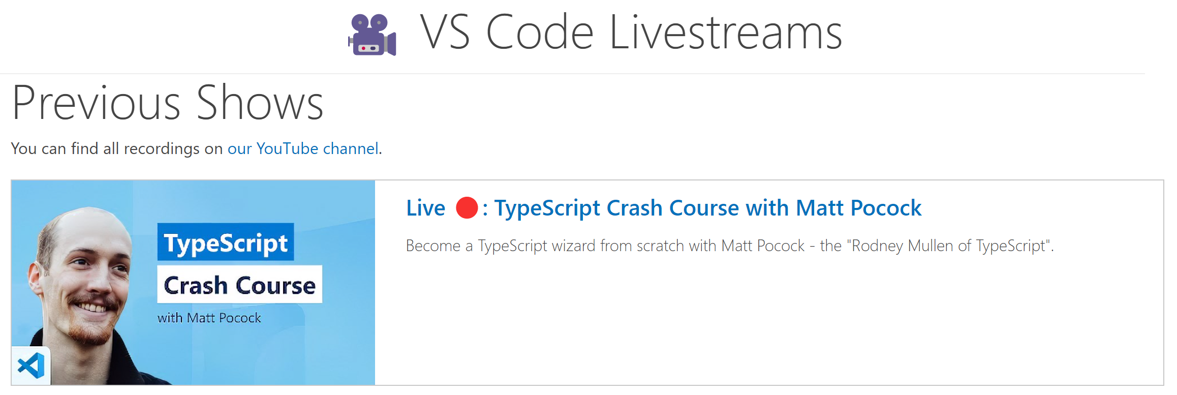 VS Code livestreams page