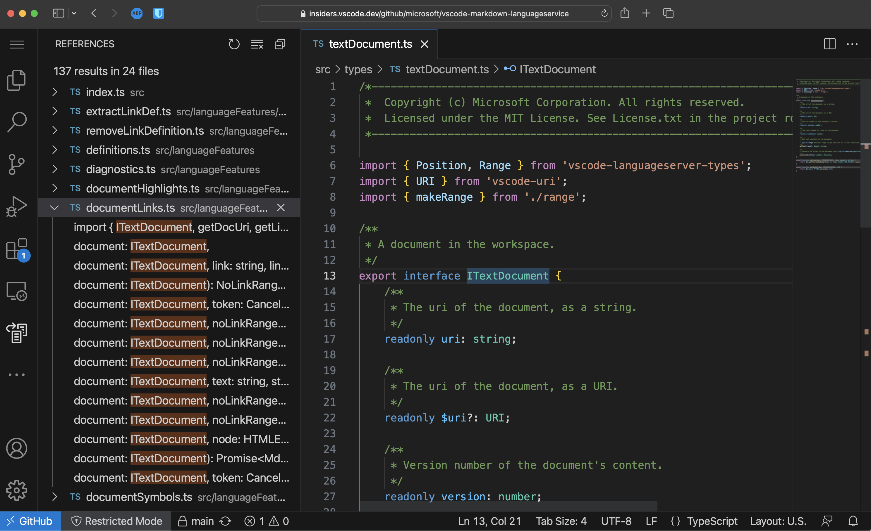 Find All References in a TypeScript project on vscode.dev