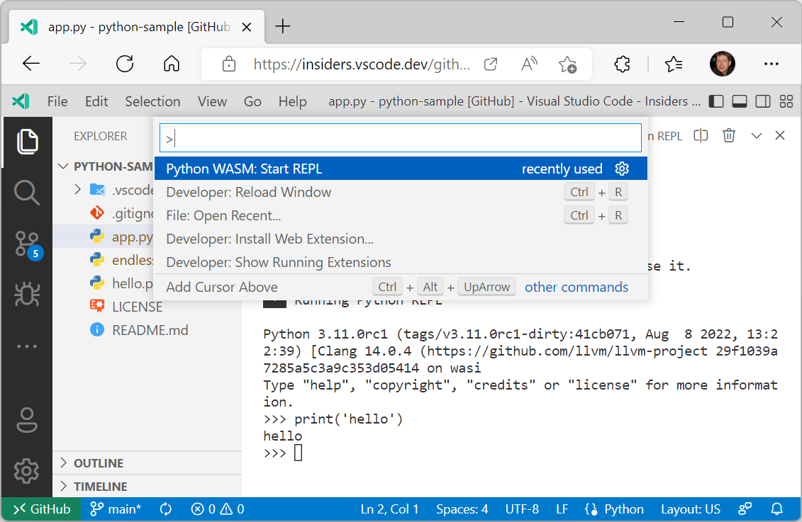 Python REPL running in VS Code for the Web