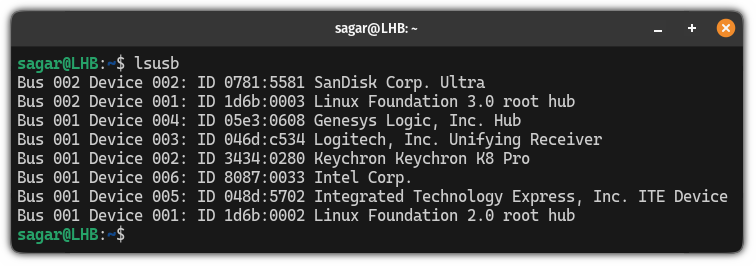 use lsusb command to list all the USB devices in Linux