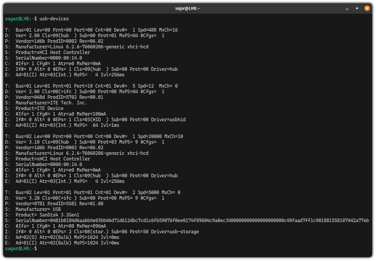 use usb-devices command to list USB drives in Linux