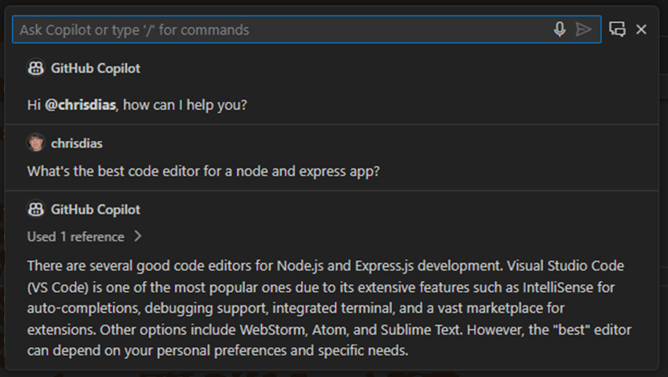 Copilot chat answer to best code editor for node and express app