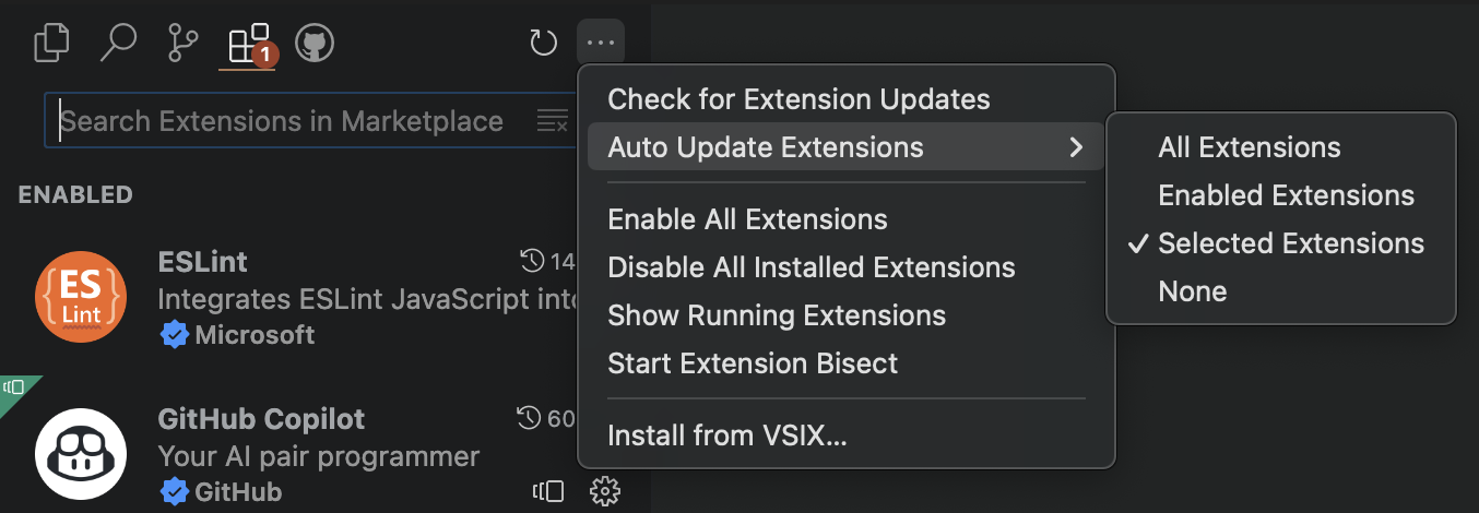 Auto update mode options with Selected Extensions checked
