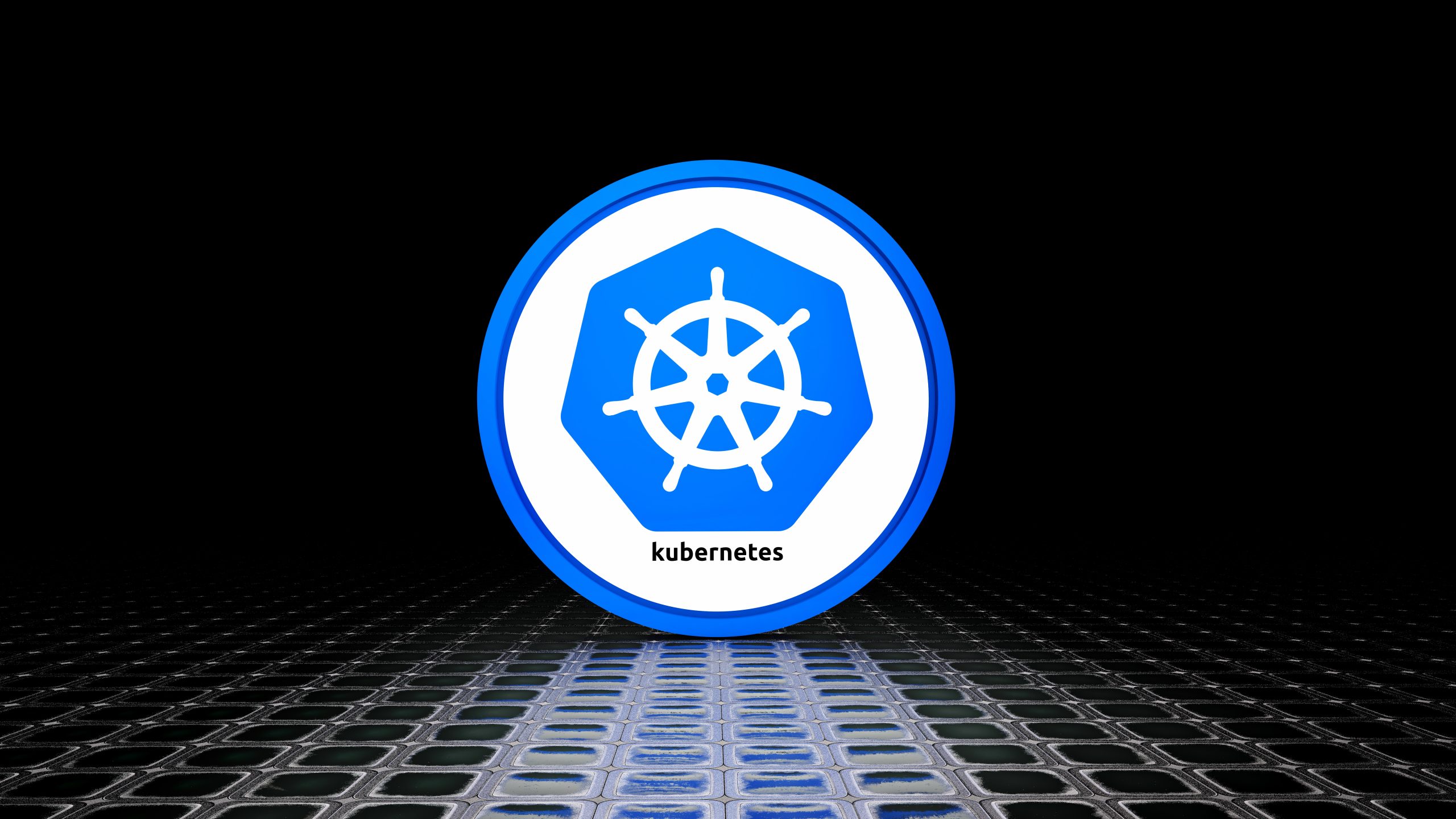 Blue and white Kubernetes logo on a dark grid background with a hexagonal steering wheel symbol at the center, representing container orchestration and cloud-native applications.