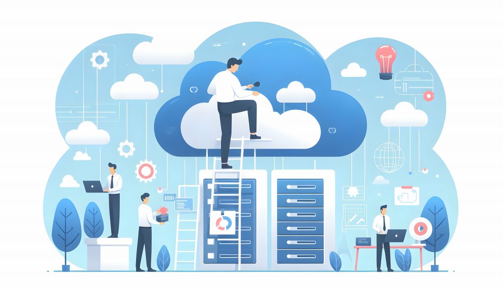 Illustration of people managing cloud computing infrastructure with servers, cloud icons, and tech symbols, highlighting the benefits of Kubernetes for efficient resource management and scalability