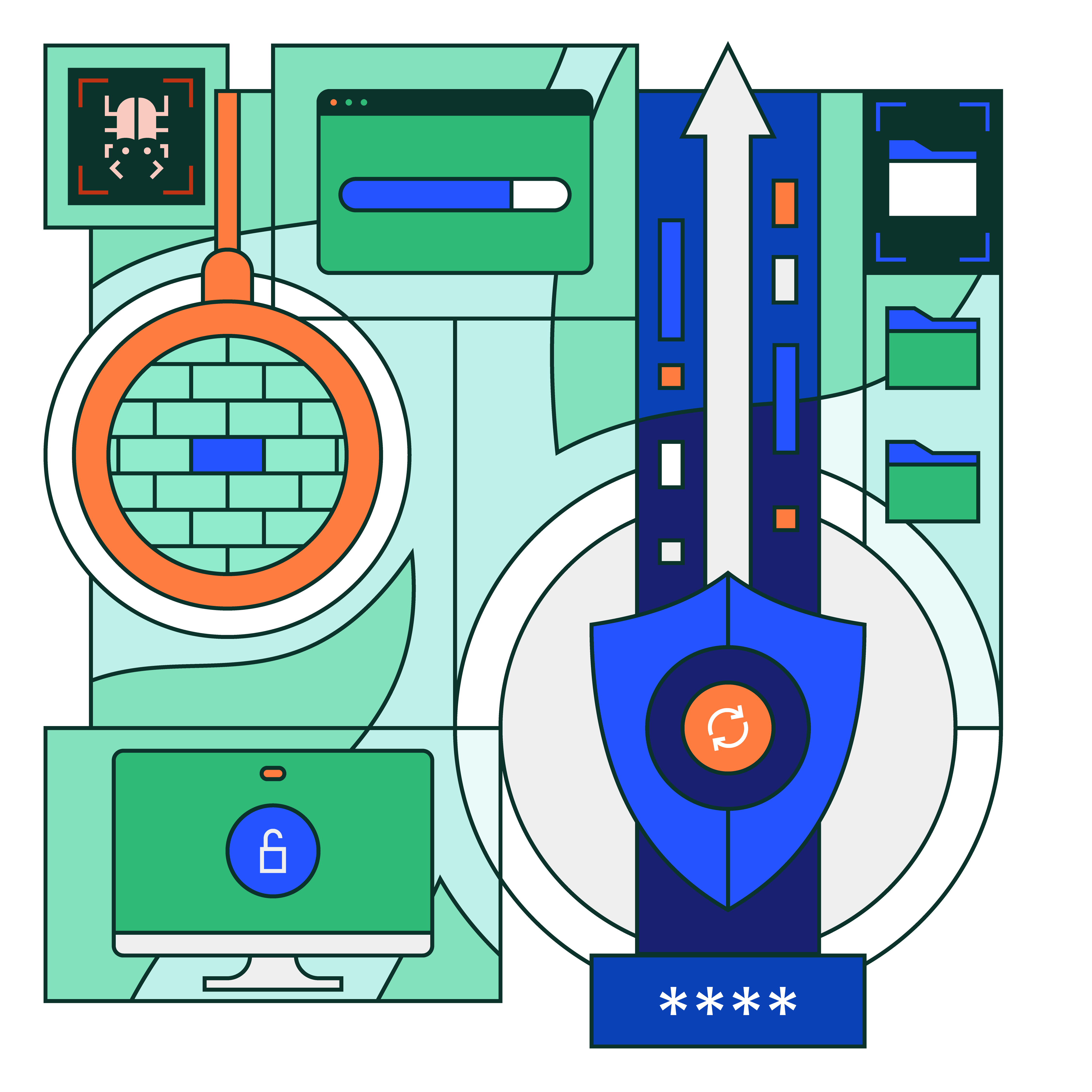 Illustration depicting Linux server security with images of a wall, bug and shield