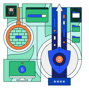 Illustration depicting manufacturing cybersecurity, including a shield, a wall, and a bug alert.