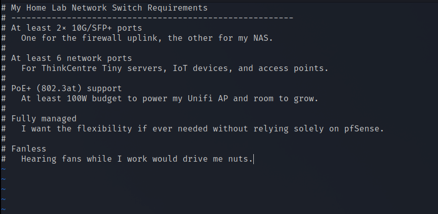 Notes, my home lab network switch requirements.