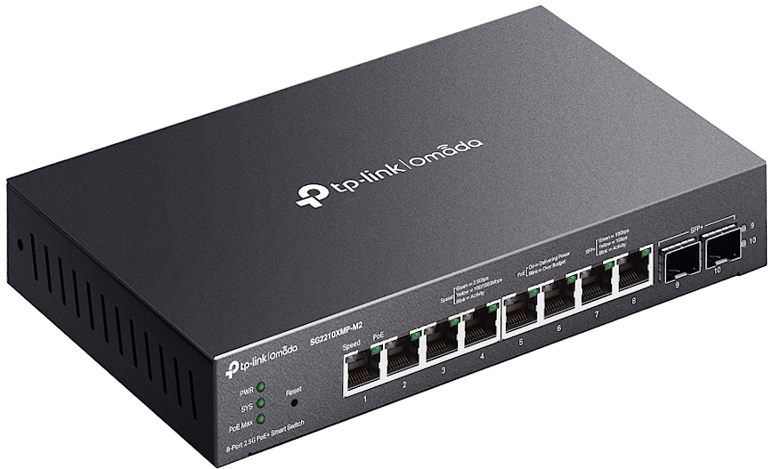 TP-Link SG2210XMP-M2, 8× 2.5GBASE-T PoE+ ports and 2× 10G SFP+