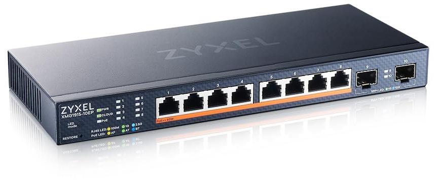 Zyxel XMG1915-10EP, 8× 2.5GBASE-T PoE++ ports and 2× 10G SFP+.