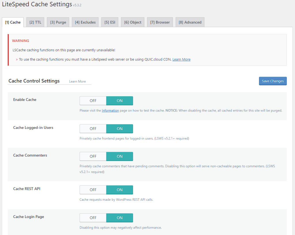 LiteSpeed Cache settings