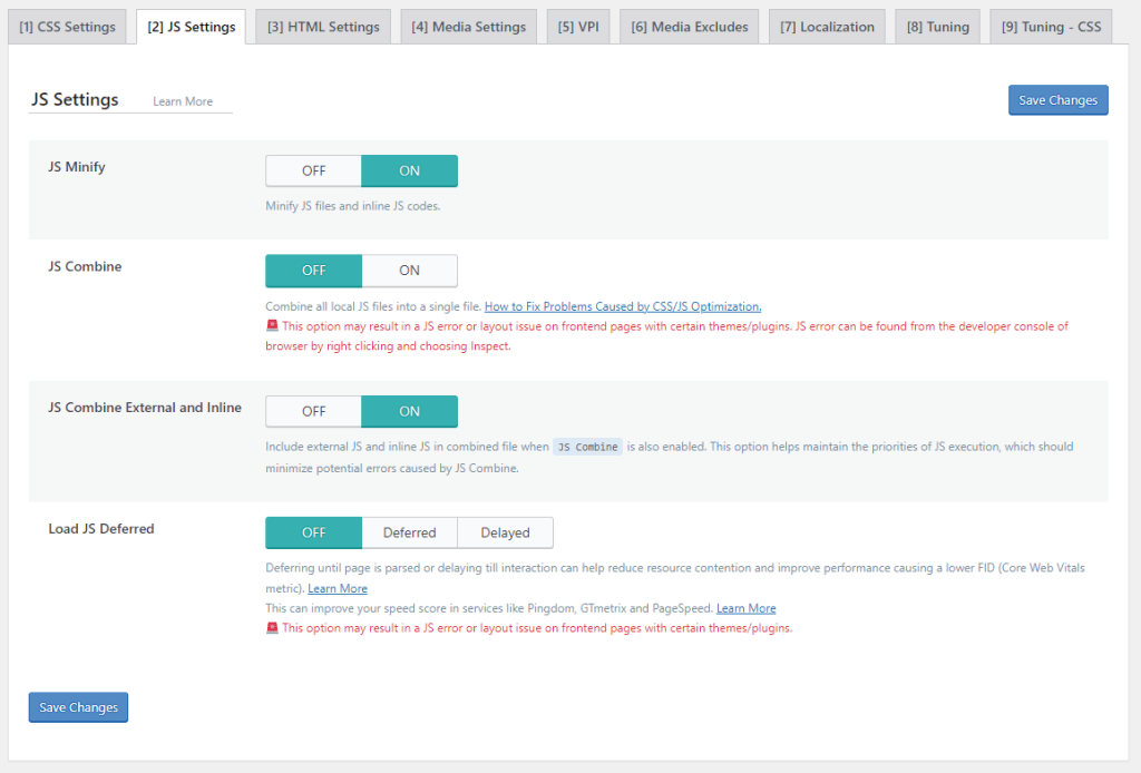 LiteSpeed Cache js settings