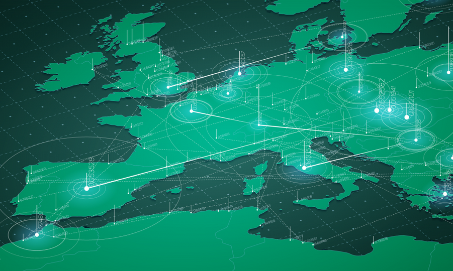 A map of Europe in green with different cities connected and illuminated