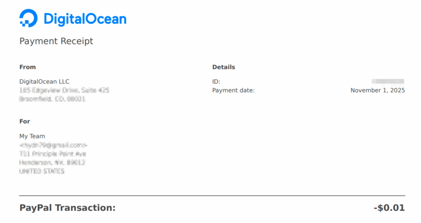 DigitalOcean $0.01 Payment Receipt.
