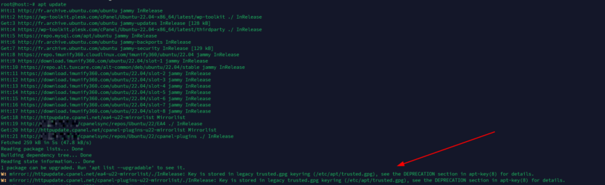 Screenshot: Fixing apt-key deprecation warnings with cPanel EA4 on Ubuntu 20.04 to 22.04.