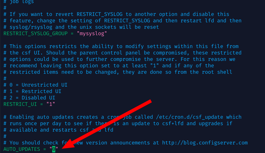 Edit CSF config to disable auto updates.