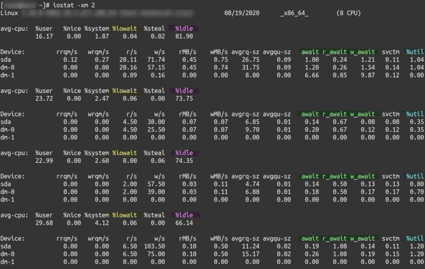 iostat -xm 2 (check for iowait)