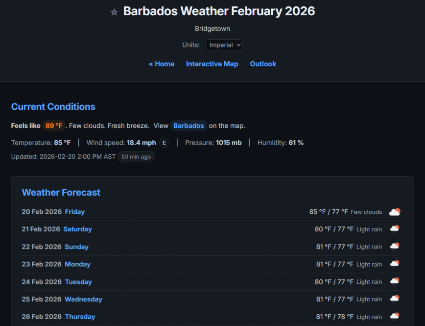 Barbados Weather Detail Page Barbados island detail page showing current conditions, temperature, wind speed, and 7-day weather forecast