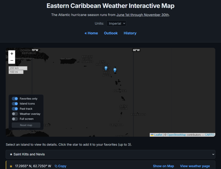 Interactive Hurricane Map Interactive hurricane map showing 14 Eastern Caribbean islands plotted on OpenStreetMap with layer controls