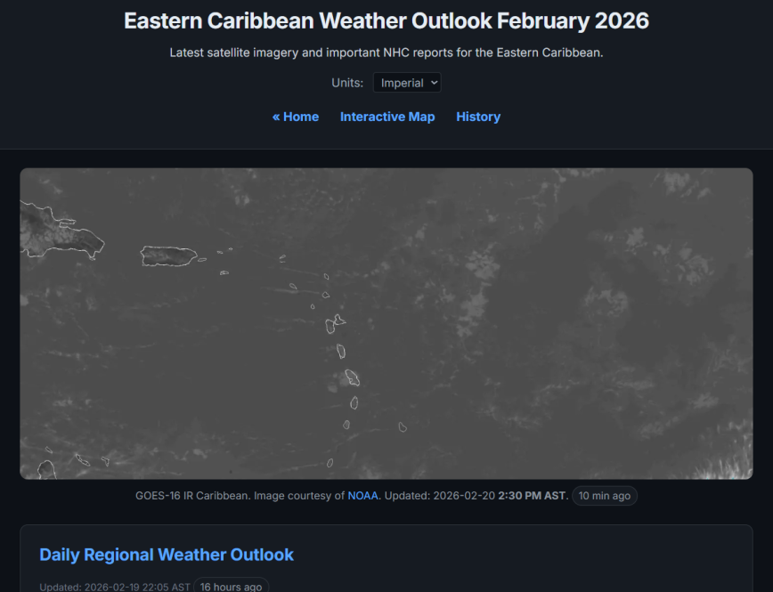 Weather Outlook and Satellite Imagery Weather outlook page with GOES East infrared satellite imagery and daily regional forecast section