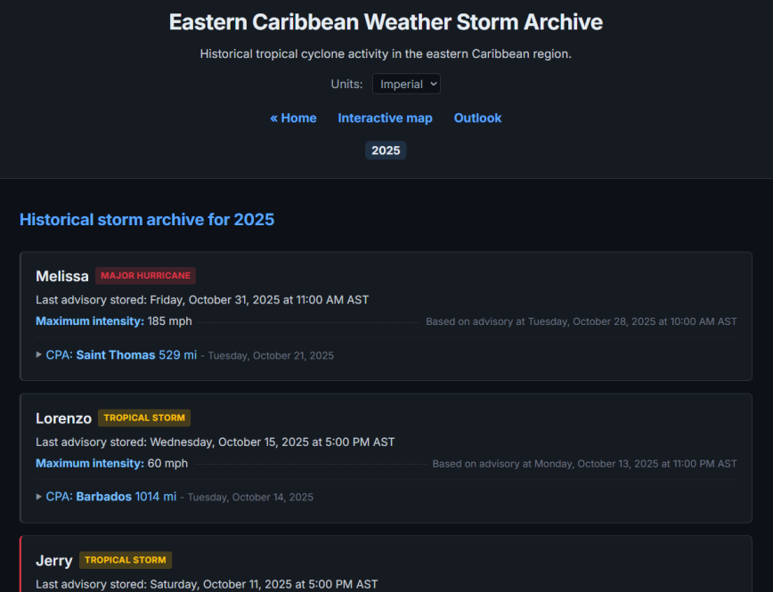 Historical Storm Archive Historical storm archive for 2025 showing Hurricane Melissa, Tropical Storm Lorenzo, and Tropical Storm Jerry with intensity and closest approach data