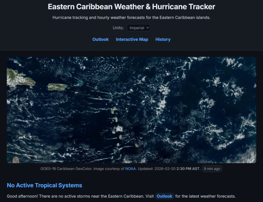 Dewedda.com Homepage Dewedda.com homepage showing GOES-19 GeoColor satellite imagery of the Eastern Caribbean with no active tropical systems