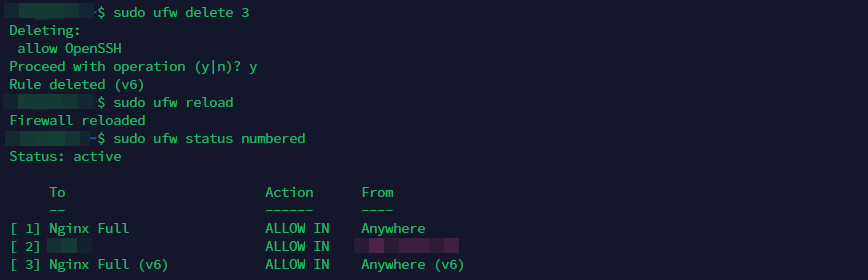 Managing UFW rules to control server firewall settings.