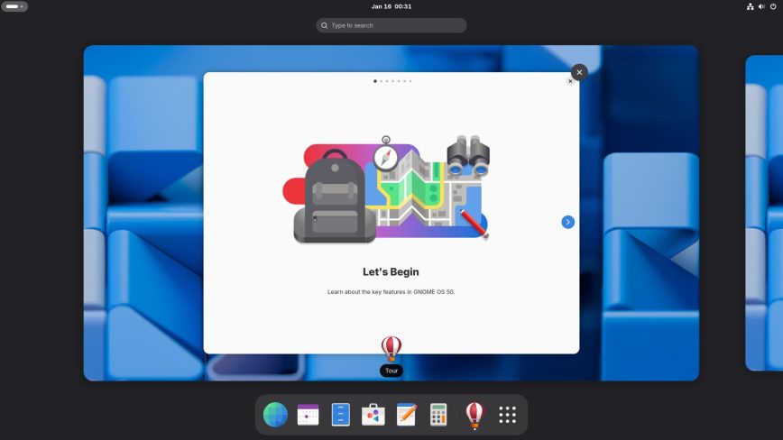 GNOME 50 desktop environment showing the Activities overview and workspace navigation.