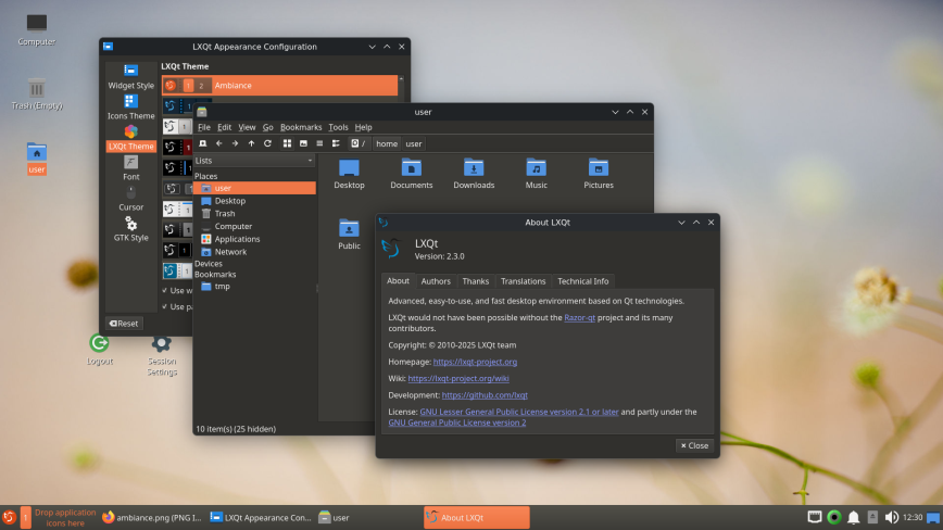 LXQt desktop environment showing the lightweight Qt-based panel and PCManFM-Qt file manager.