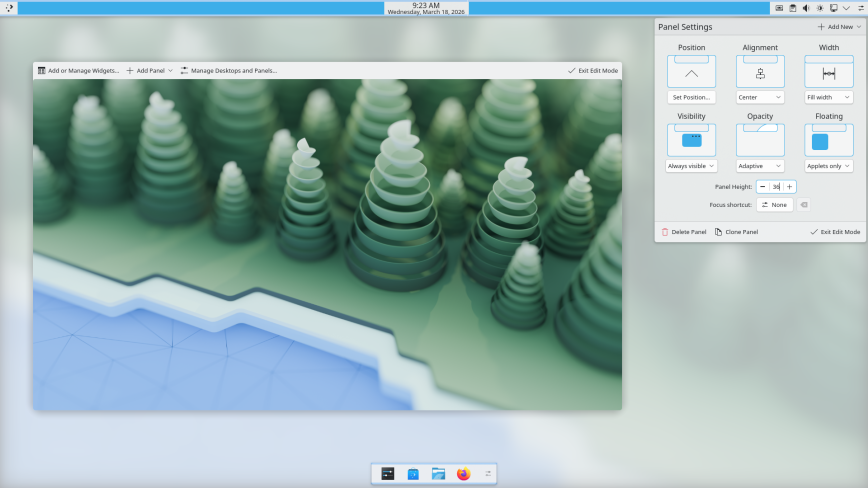KDE Plasma 6 desktop environment showing the customizable panel, taskbar, and system tray.