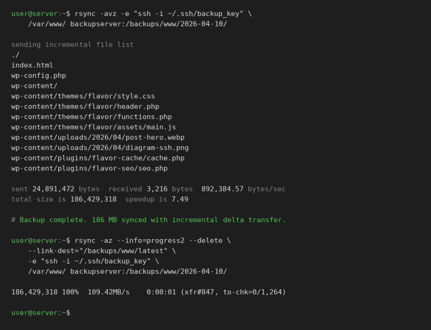 rsync over SSH backup transfer showing incremental file sync and progress output