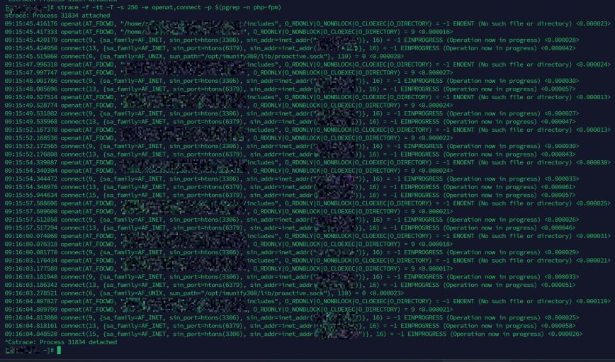 This trace shows a PHP-FPM worker opening application files, attempting to access missing paths (ENOENT), and connecting to both MySQL (3306) and Redis (6379). This is a typical real-world request flow and a good example of how strace exposes exactly what a process is doing in real time.